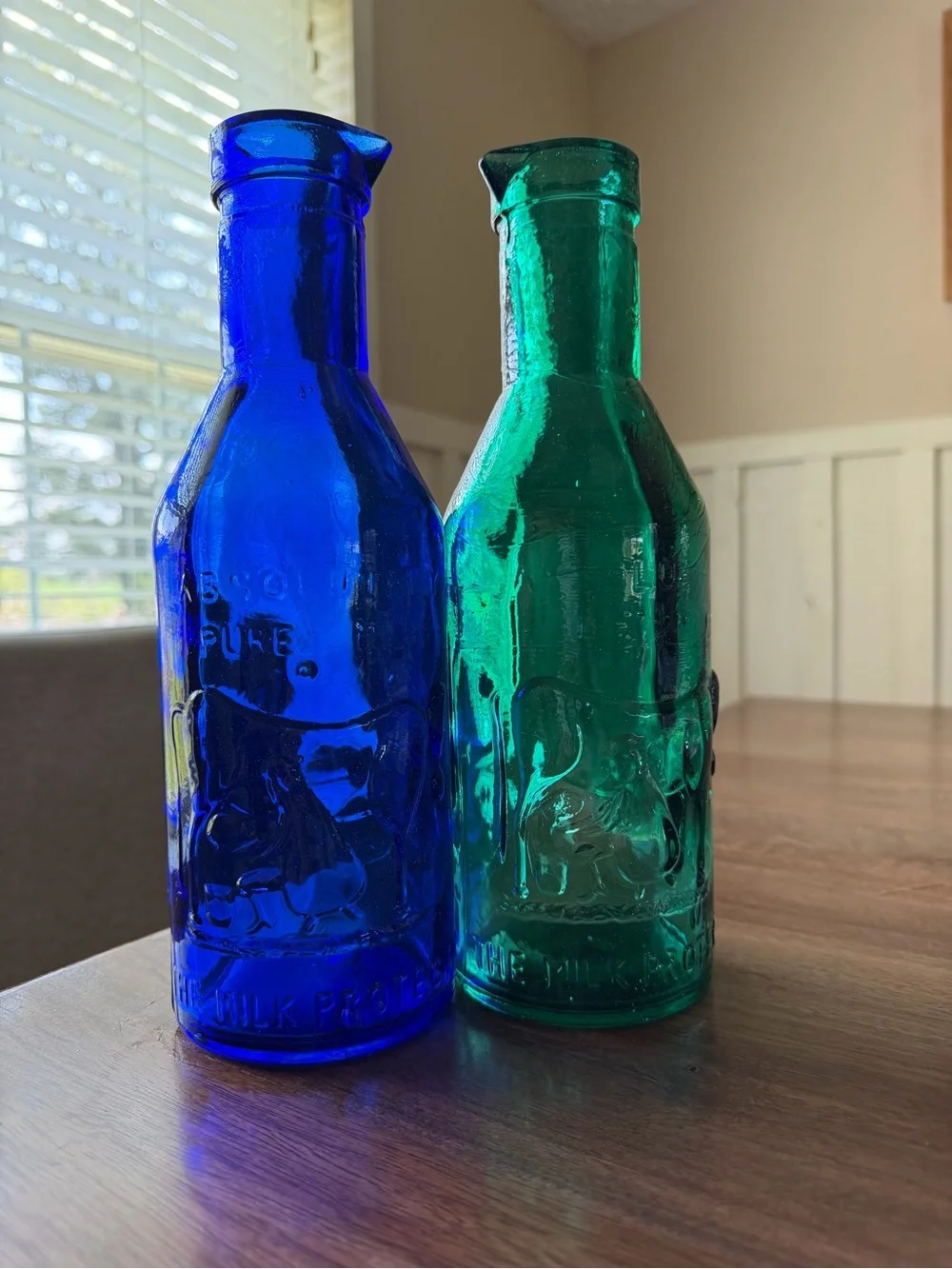 Cobalt Blue & Emerald Green Embossed Glass Bottles